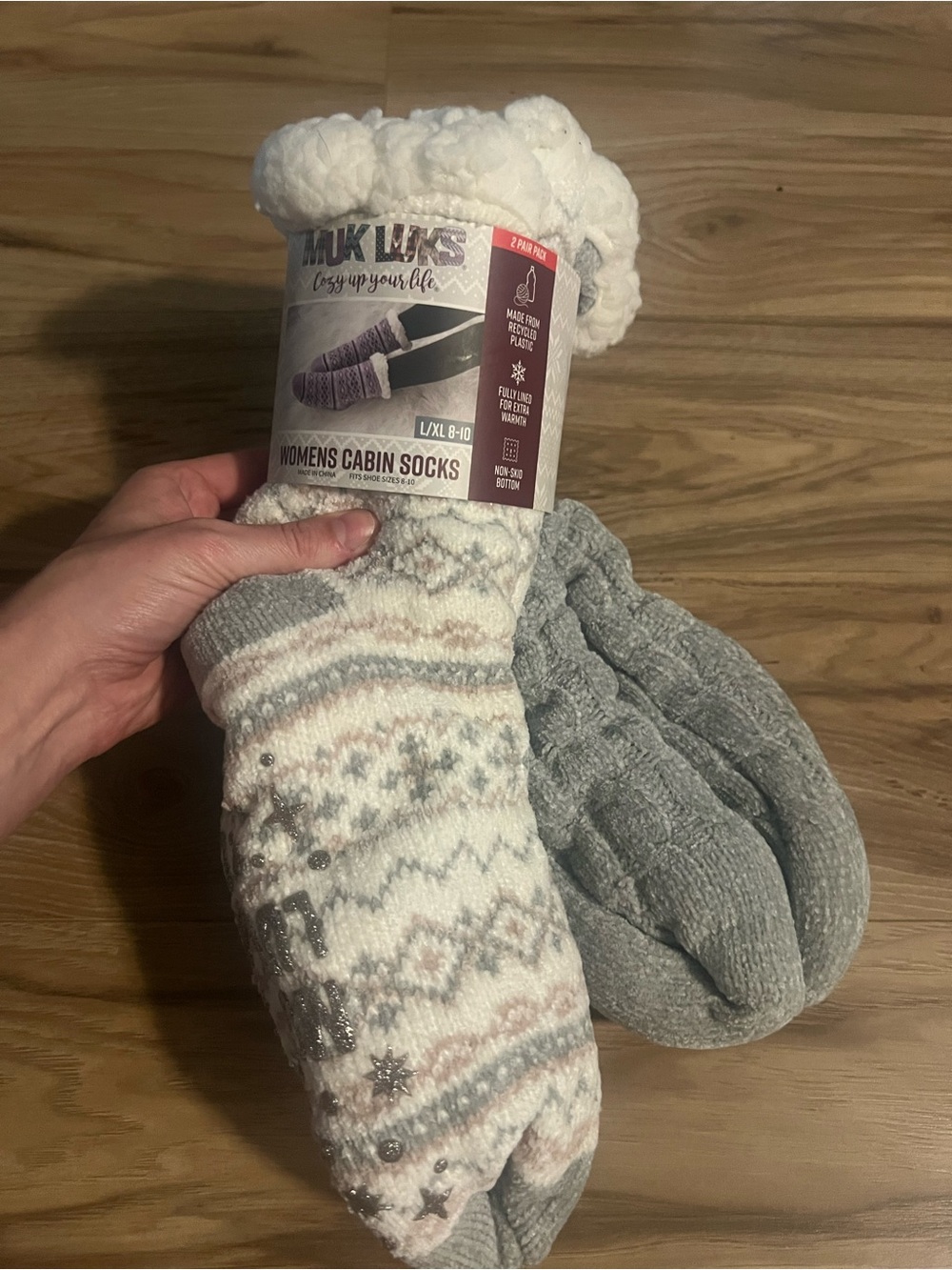 Muk Luks Women's Cabin Socks - White, Gray & Light Pink Fair Isle Pair